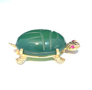 14K YELLOW GOLD SAPPHIRE EYES LARGE JADE BACK TURTLE BROOCH
