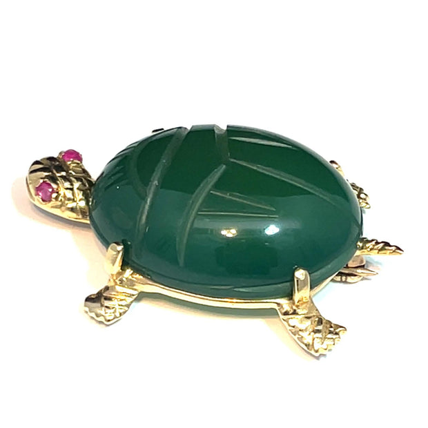 14K YELLOW GOLD SAPPHIRE EYES LARGE JADE BACK TURTLE BROOCH