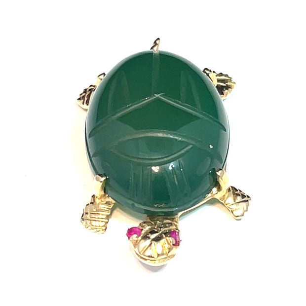 14K YELLOW GOLD SAPPHIRE EYES LARGE JADE BACK TURTLE BROOCH