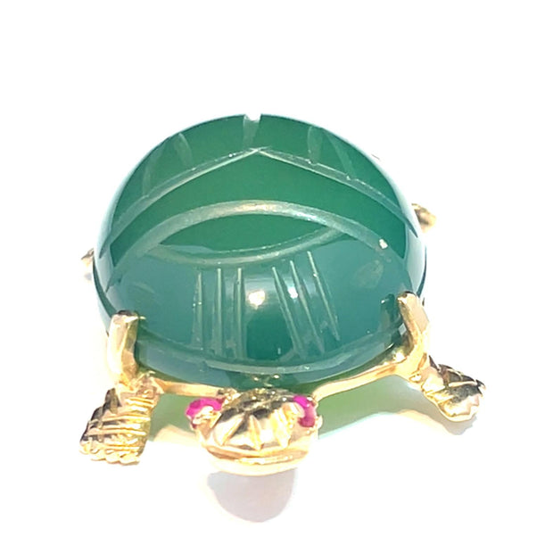 14K YELLOW GOLD SAPPHIRE EYES LARGE JADE BACK TURTLE BROOCH