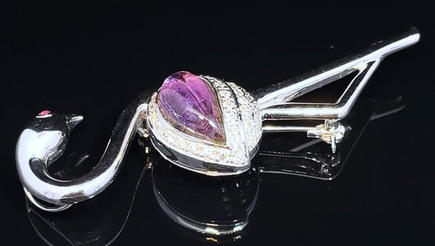 14K WHITE GOLD SAPPHIRE AND AMETHYST DIAMOND FLAMINGO BROOCH