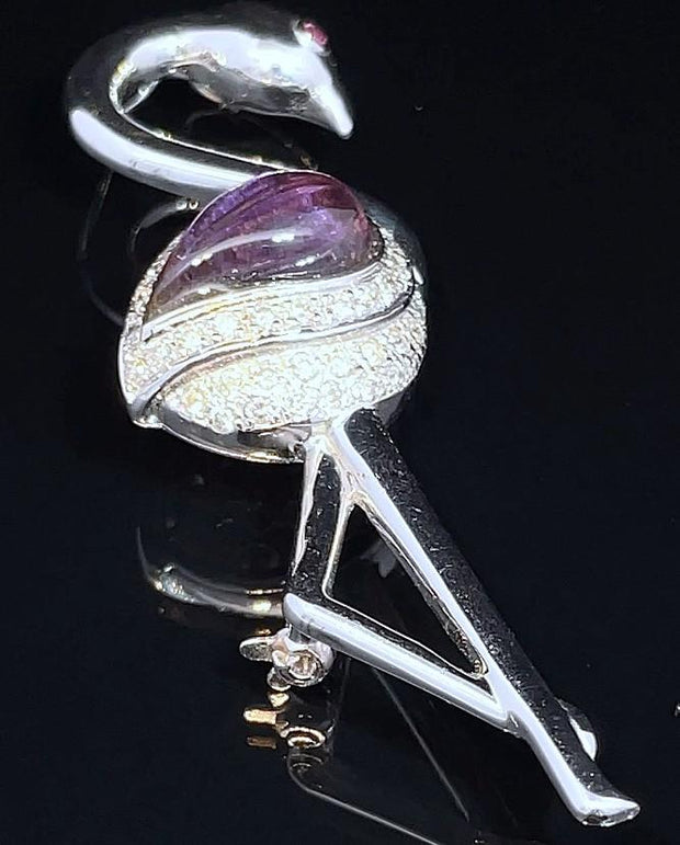 14K WHITE GOLD SAPPHIRE AND AMETHYST DIAMOND FLAMINGO BROOCH