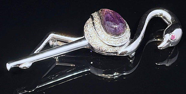 14K WHITE GOLD SAPPHIRE AND AMETHYST DIAMOND FLAMINGO BROOCH