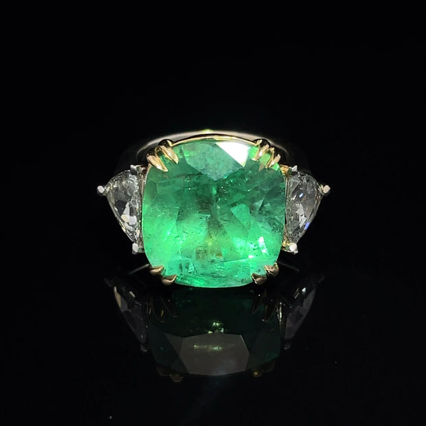 GIA Certified 13.42ct Columbian Emerald & Rose cut 1.71ct Trillion Diamond Ring