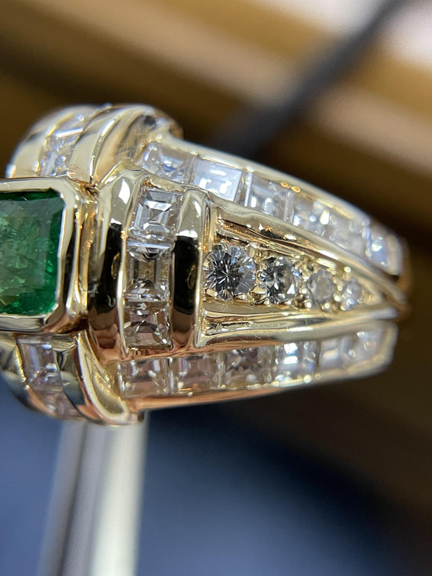 14k Yellow Gold Columbian Emerald and Carre cut Diamond Men's Ring