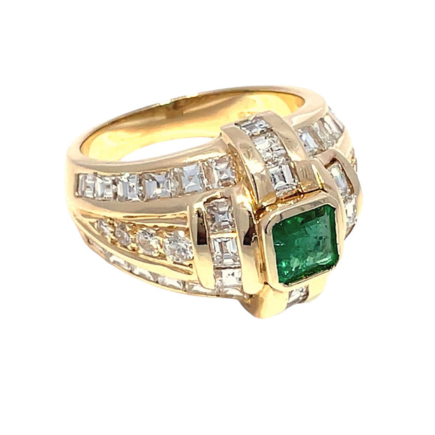 14k Yellow Gold Columbian Emerald and Carre cut Diamond Men's Ring