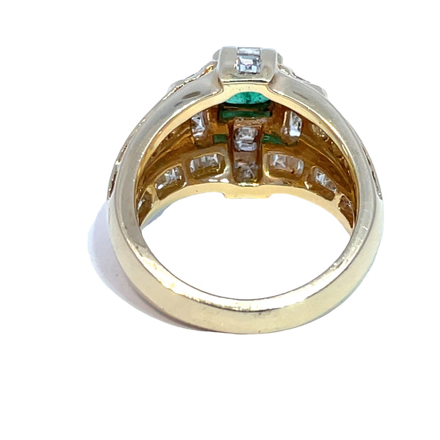 14k Yellow Gold Columbian Emerald and Carre cut Diamond Men's Ring