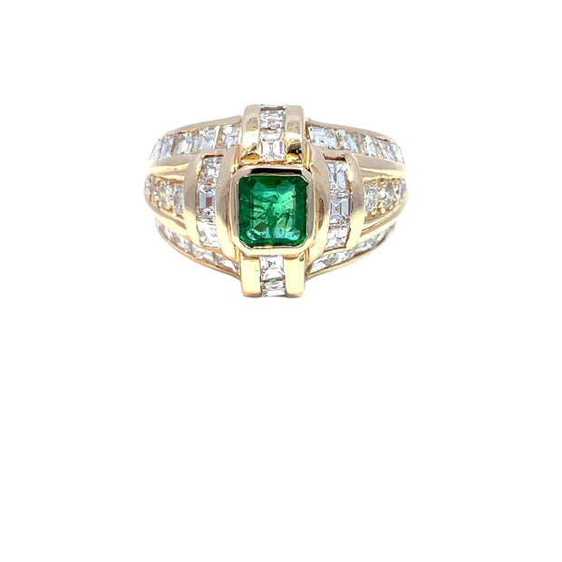 14k Yellow Gold Columbian Emerald and Carre cut Diamond Men's Ring