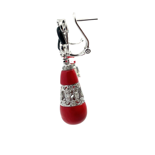 18k White Gold Art Deco Drop Earrings with Coral, Onyx & Diamonds