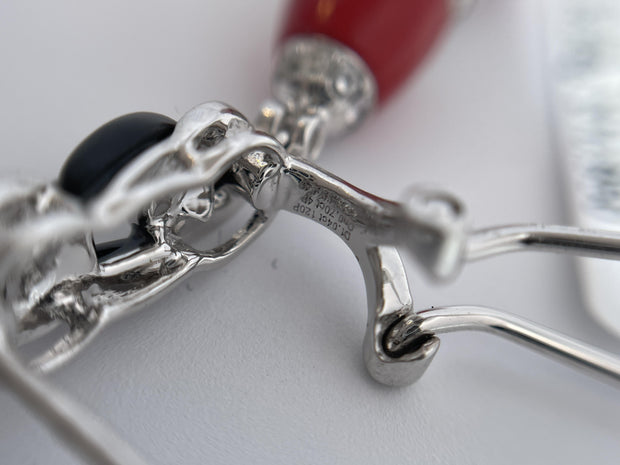 18k White Gold Art Deco Drop Earrings with Coral, Onyx & Diamonds