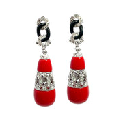 18k White Gold Art Deco Drop Earrings with Coral, Onyx & Diamonds