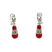 18k White Gold Art Deco Drop Earrings with Coral, Onyx & Diamonds