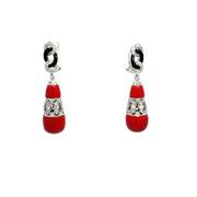 18k White Gold Art Deco Drop Earrings with Coral, Onyx & Diamonds