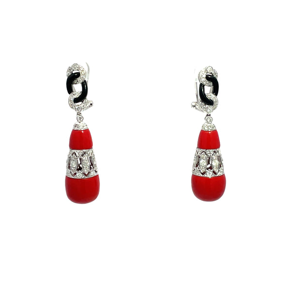 18k White Gold Art Deco Drop Earrings with Coral, Onyx & Diamonds