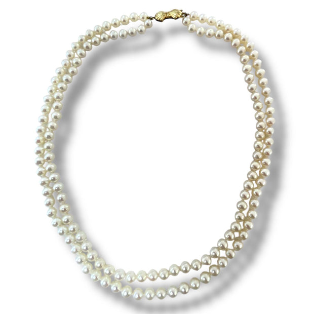 Glamorous Cultured Pearl Double Strand Necklace with 14k Yellow Gold Clasp