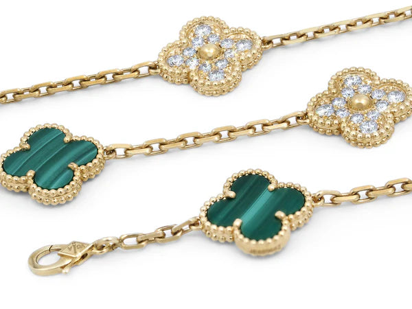 Van Cleef & Arpels vintage Alhambra 20 motifs and malachite long Diamond Necklace