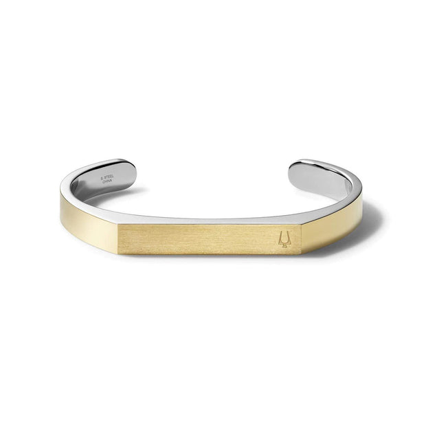 Bulova Men's Stainless Steel Open Cuff Bracelet in Classic Silver and Gold Tone