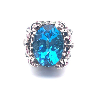 Exquisite 18K White Gold Oval Blue Topaz, Sapphire, Ruby & Green Garnet Ring
