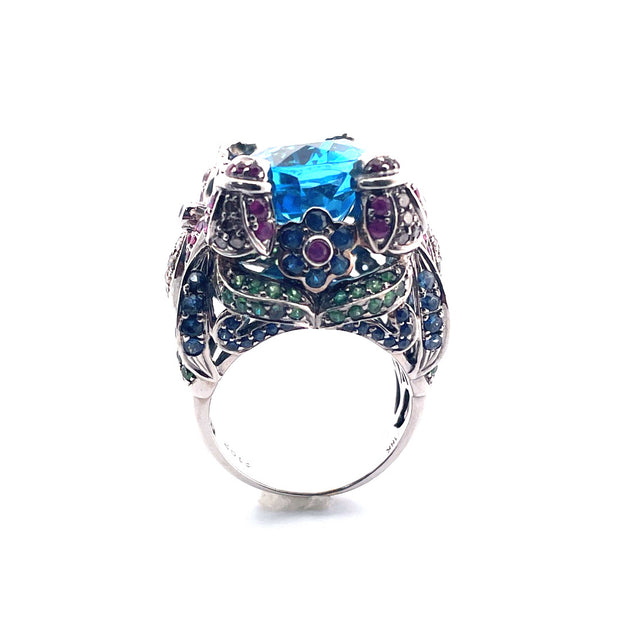 Exquisite 18K White Gold Oval Blue Topaz, Sapphire, Ruby & Green Garnet Ring