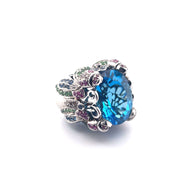 Exquisite 18K White Gold Oval Blue Topaz, Sapphire, Ruby & Green Garnet Ring