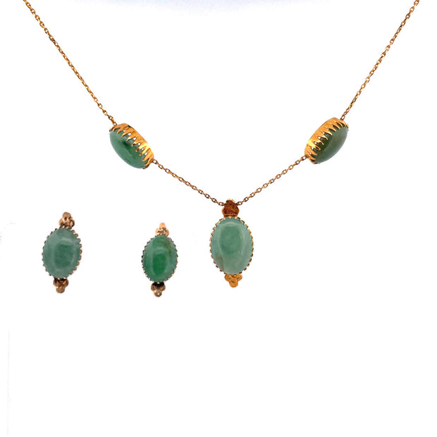 Exquisite 9K Yellow Gold Jade Necklace & Earrings Set