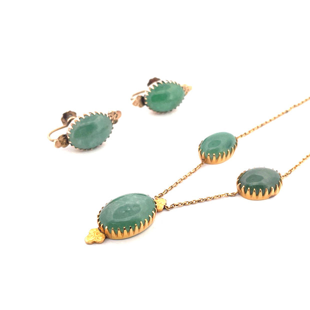 Exquisite 9K Yellow Gold Jade Necklace & Earrings Set