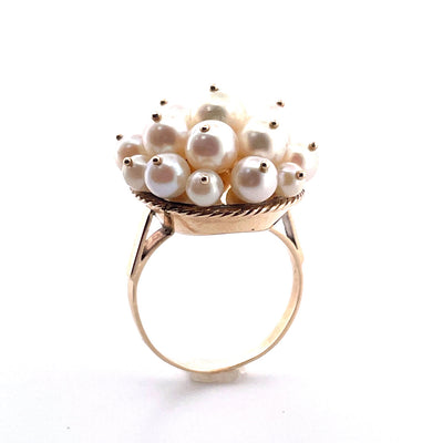 Luxurious 14K Yellow Gold Cultured Pearl Cluster Cocktail Ring