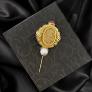 Vintage 14K Yellow Gold Ruby and Cultured Pearl Cameo Stick Pin