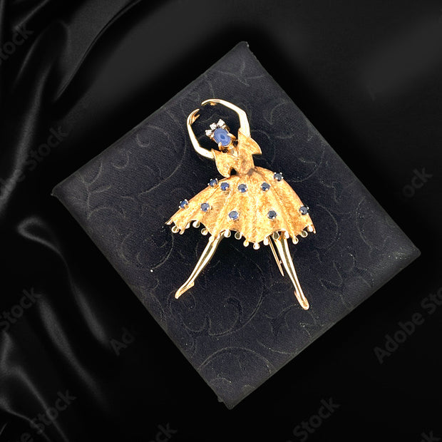 Exquisite 14k Yellow Gold Sapphire Ballerina Brooch