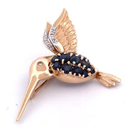 Enchanting 14K Yellow Gold Bird Brooch with Sapphire and Natural Diamond