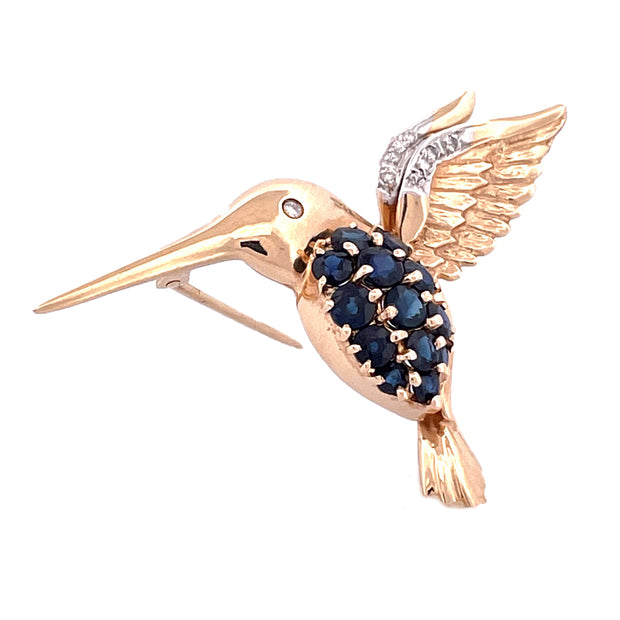 Enchanting 14K Yellow Gold Bird Brooch with Sapphire and Natural Diamond