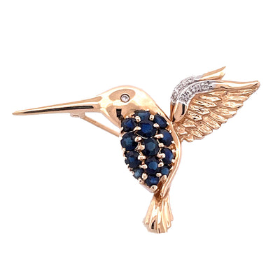 Enchanting 14K Yellow Gold Bird Brooch with Sapphire and Diamond