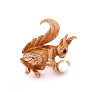 Charming 9K Yellow Gold Squirrel Brooch with Ruby Eyes and Pearl