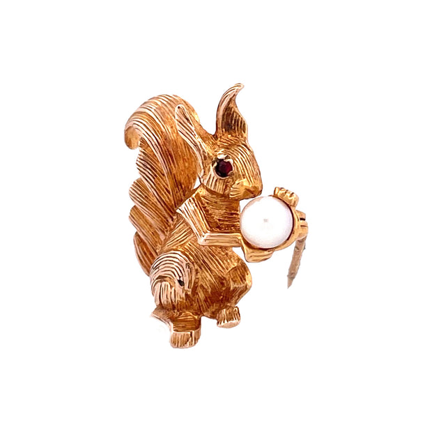 Charming 9K Yellow Gold Squirrel Brooch with Ruby Eyes and Pearl