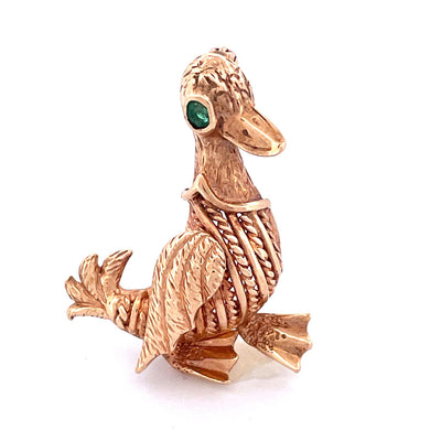 Elegant 14K Yellow Gold Duck Brooch with Emerald Eyes