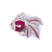 Elegant 18k White Gold Ruby & Diamond Fish Brooch