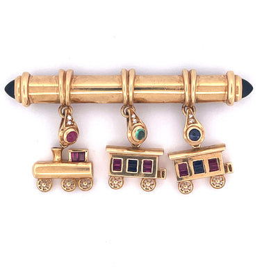 18k Yellow Gold Diamond, Sapphire, Ruby & Emerald Train Brooch