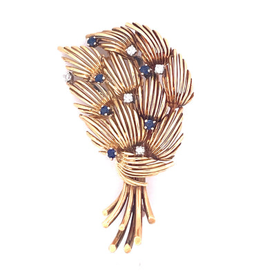 Vintage Tiffany & Co. 18K Yellow Gold Leaf Brooch with Sapphires and Diamonds