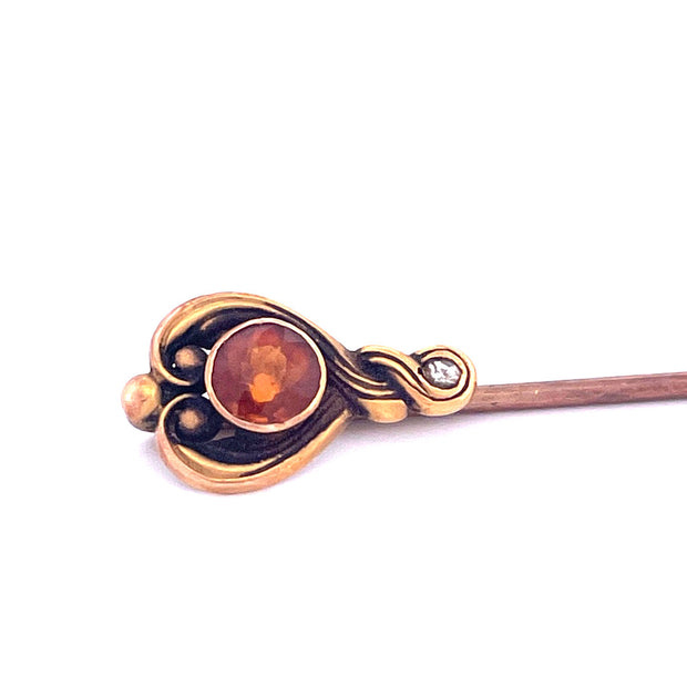 Antique 14k Yellow Gold Heart Citrine and Natural Diamond Pin