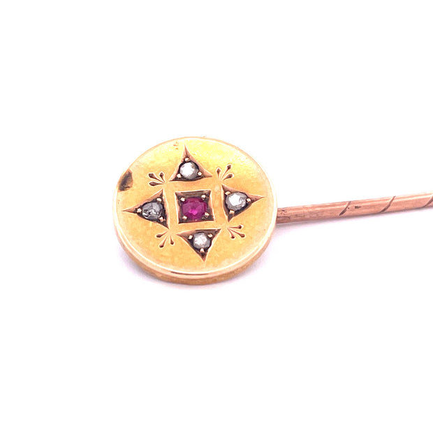 Exquisite 14k Yellow Gold Ruby and Natural Diamond Pin