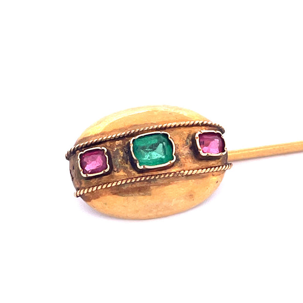 Stunning 14k Yellow Gold Ruby and Emerald Pin