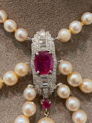 Vintage Platinum Garland, Pearl, Ruby and Diamond Necklace With Earrings