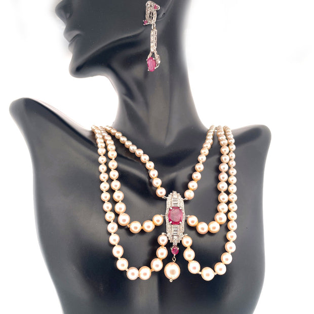 Victorian Diamond Ruby and Pearl Garland Necklace
