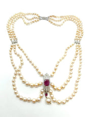 Vintage Platinum Garland, Pearl, Ruby and Natural Diamond Necklace With Earrings
