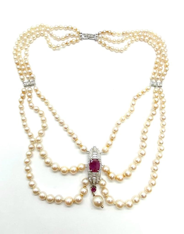 Vintage Platinum Garland, Pearl, Ruby and Natural Diamond Necklace With Earrings