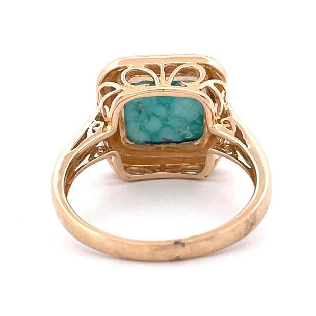 Exquisite 14k Yellow Gold Turquoise Natural Diamond Ring