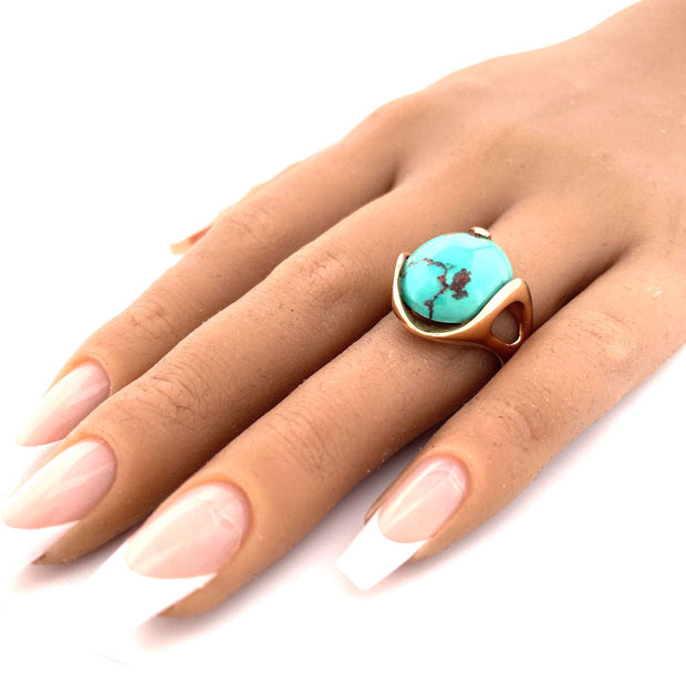 Exquisite J. Frew 14K Yellow Gold Oval Turquoise Ring