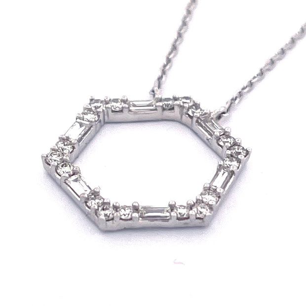 Elegant 14k White Gold Hexagonal Natural Diamond Pendant Necklace