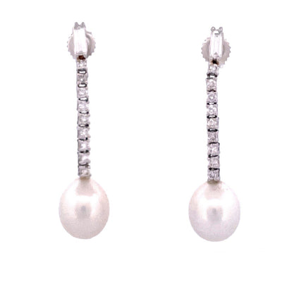 Elegant 14k White Gold Diamond and Pearl Dangle Earrings