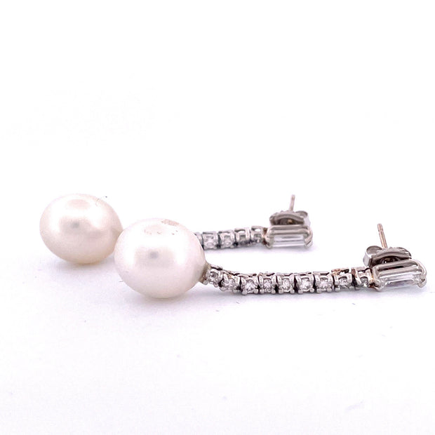 Elegant 14k White Gold Diamond and Pearl Dangle Earrings